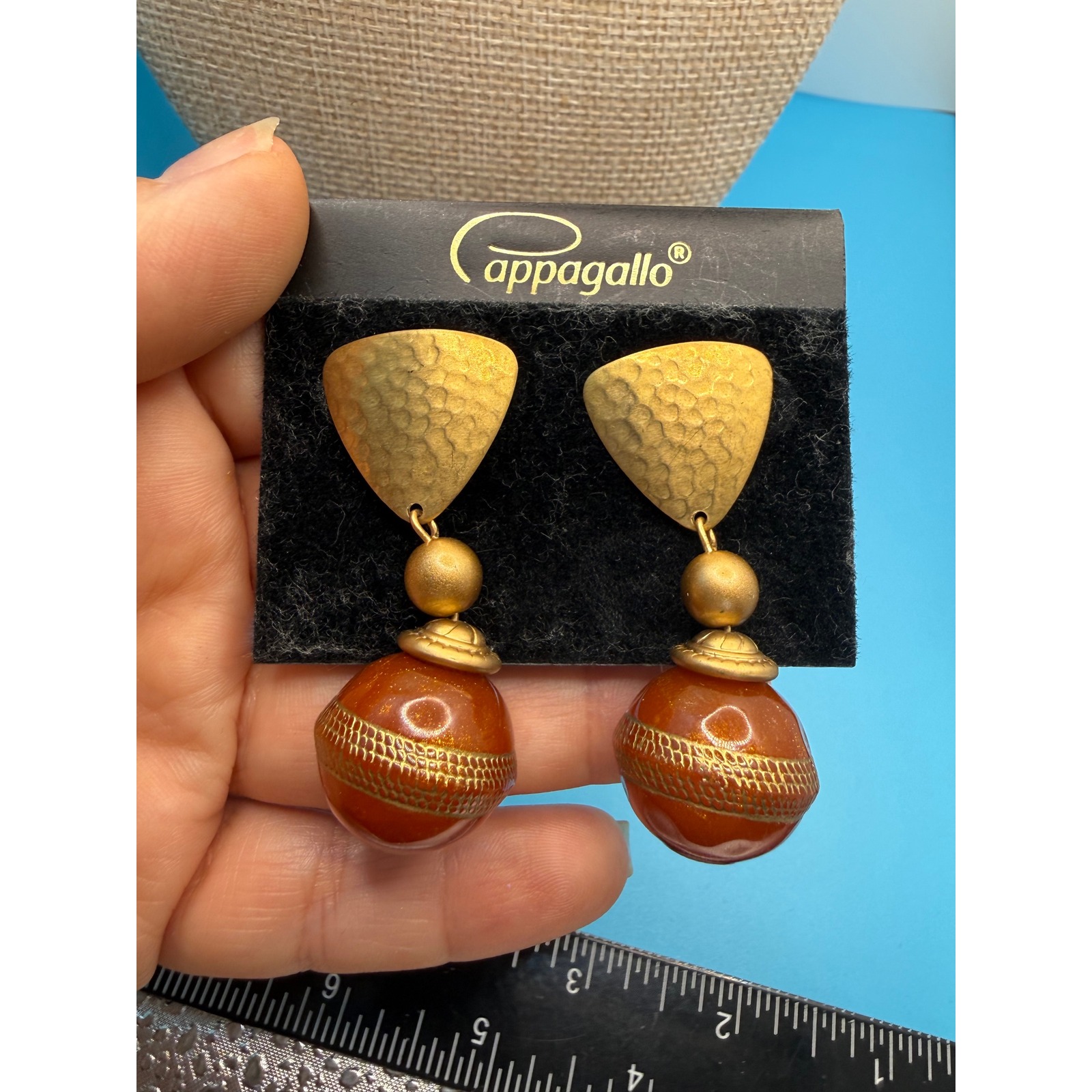 Vintage Pappagallo Hammered Gold Tone Amber Resin Bead Drop Earrings Post Back